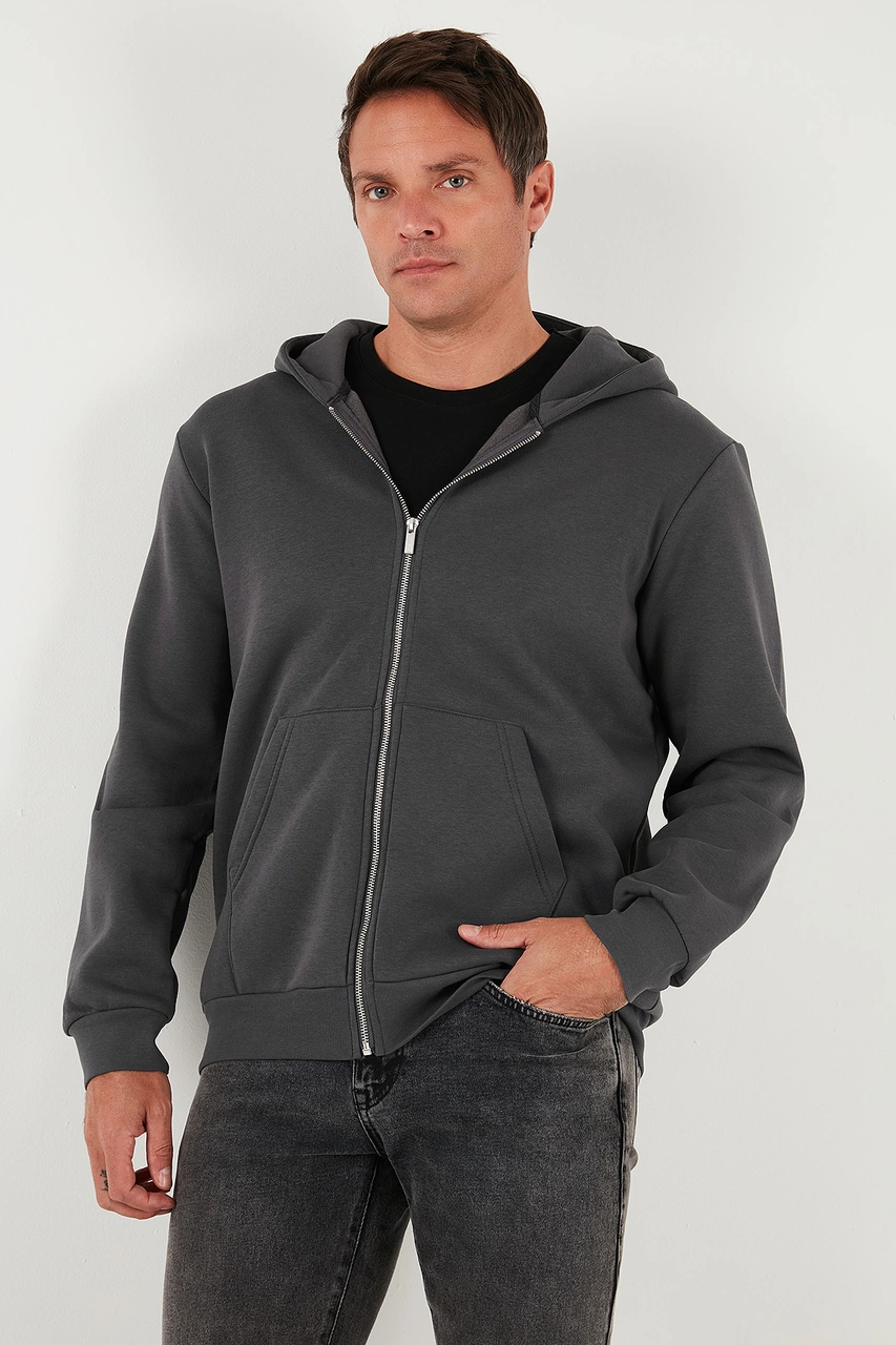 Buratti Regular Fit Kapüşonlu Fermuarlı Içi Tüylü Yumuşak Şardonlu Kışlık Erkek Sweat 5905340 Antrasit