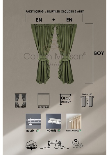 Poli Perde Çift Kanat Dikey Fırfırlı Zümrüt Yeşili