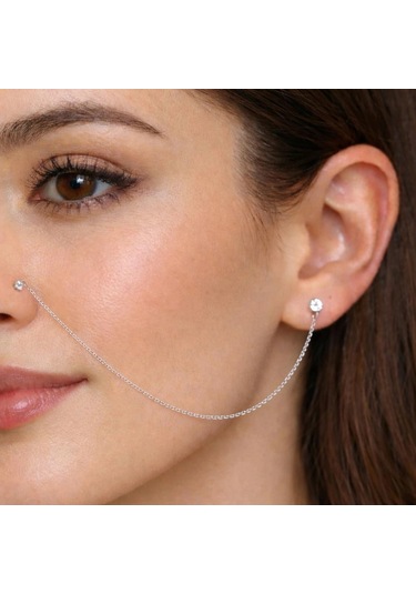 Gümüş Zincirli Burun Piercingi Küpe Çok Renkli