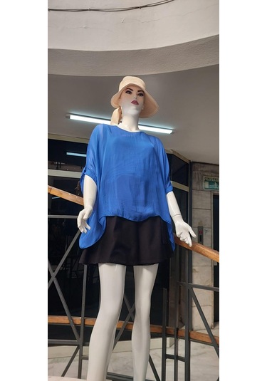 İtalyan Yarasa Kollu İpek Bluz Saks Mavi
