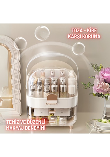 Çekmeceli Kozmetik Organizer Makyaj Kutusu Fırça Takı Ve Aksesuar Düzenleyici Bej