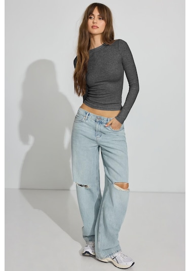 Madmext Füme Bisiklet Yaka Slim Fit Kadın Body Mg2564 Füme