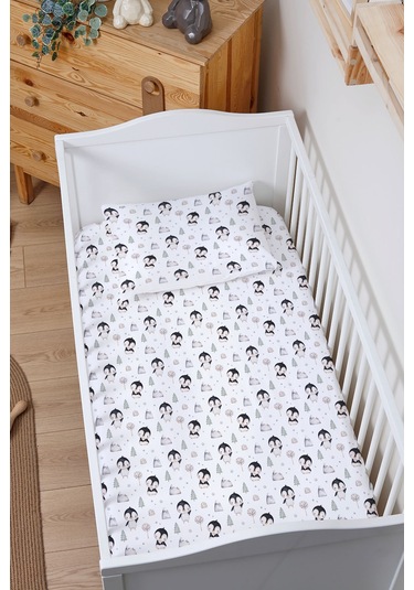 Organik Bebek Boy Lastikli Çarşaf Seti 80x140 - Kutup Dostları Penguenler
