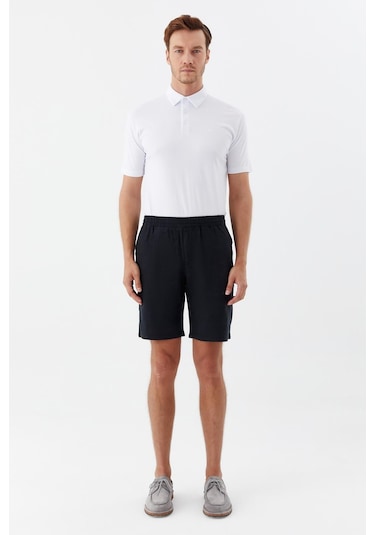 Sabri Özel Erkek Siyah Normal Kesim Regular Fit %100 Keten Lastikli Bel Bermuda Şort