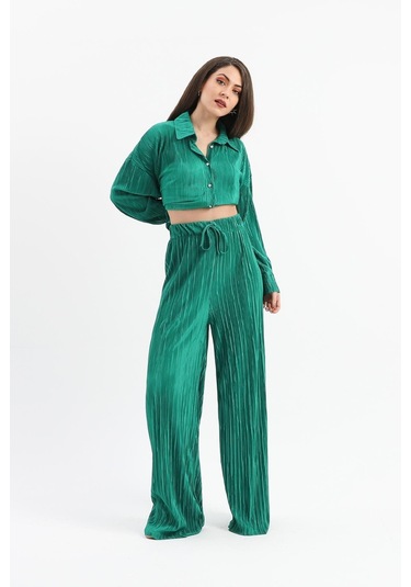 Düğme Detaylı Örme Pilise Takım - Yeşil-yeşil Yeşil