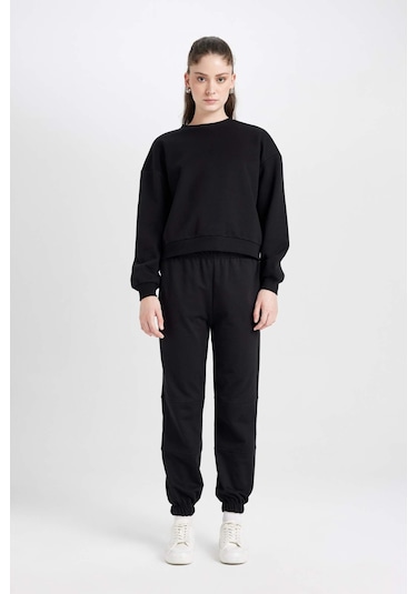 Defacto Beli Paçası Lastikli Cepli Uzun Boy Basic Düz Jogger Eşofman Altı D6646AX24WNBK81 Siyah