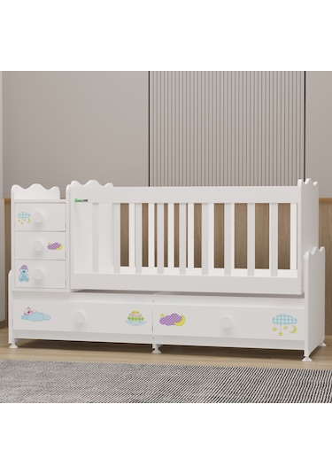 Garaj Home Melina 5 Çekmeceli Büyüyen Mdf Çıtalı Beşik - Uykucu Beyaz