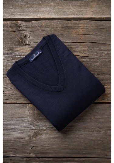 Woolen World V Yaka Battal Büyük Boy Yünlü Triko Kazak Lacivert