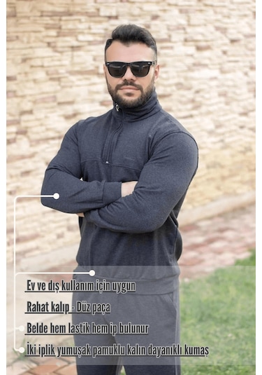 Antrasit Battal Büyük - Normal Beden Yarım Fermuarlı Erkek Eşofman Takımı 21eestyakt Antrasit