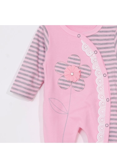 Candar 3-9 Ay Kız Bebek Tulumu Çiçek Nakışlı Ayaklı Pembe Pembe