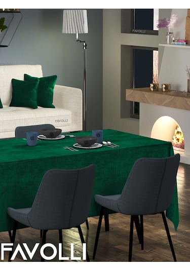 Kadife Dokulu Zümrüt Masa Örtüsü Zümrüt