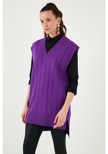 Lela V Yaka Arkası Uzun Triko Bayan Süveter 4616088Y Mor