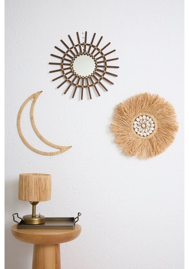 3'lü Set Rafya Deniz Kabuklu Model & Kahverengi Rattan Çubuk Ayna & Rafya Ay M073