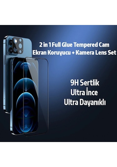 İphone 12 Pro Max 2in1 Full Glue Tempered Cam Ekran Koruyucu +kamera Lens Set- 5775