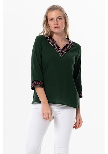 Truvakar Kol V Yaka Nakışlı Talya Şile Bezi Yazlık Bluz Yeşil Ysl-yeşil Yeşil