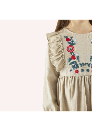 Kız Çocuk Nakış Detaylı Elbise Bej 2421gk26011-4945 001