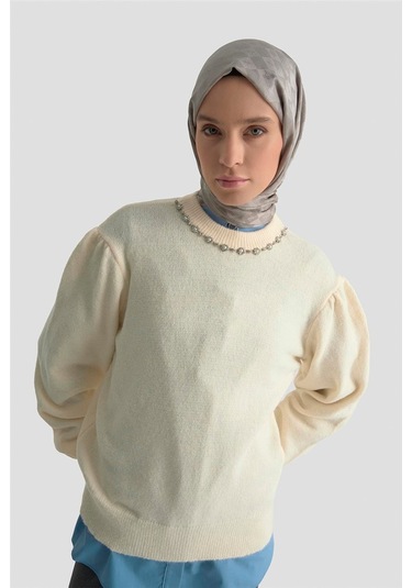 Armine Yakası İnci Detaylı Kazak 25kd6008 Ekru Ekru