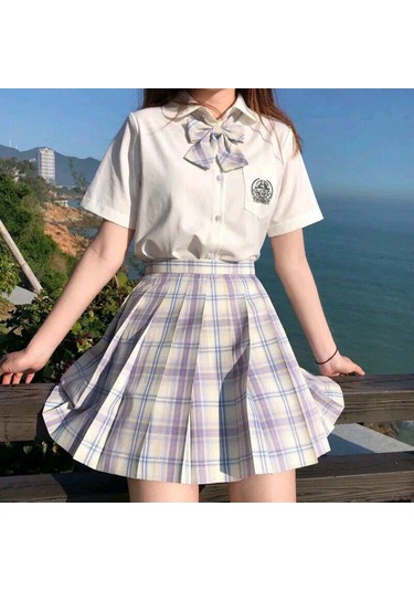 3 Adet Kadın Anime Okul Üniforması Seti Yaz Jk Kısa Gömlek Ceket Etekler Takım Elbise Açık Mor