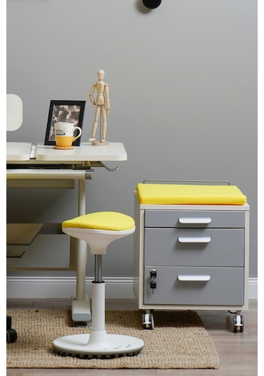 Creo Mobili Çekmeceli Kilitli Tekerlekli Vega Keson, Oturulabilir Ofis Ve Ev Komodini, Beyaz/sarı
