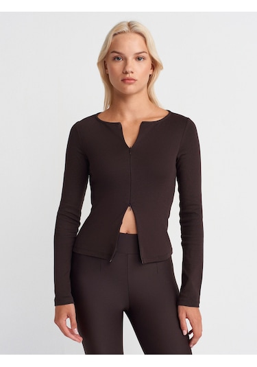 Dilvin 31993 Fermuar Detaylı Uzun Kollu Top-koyu Kahve Koyu Kahve