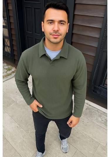 Erkek Fitilli Polar Sweatshirt Düğmesiz Polo Yaka, Oversize Rahat Kalıp, Kalın Polar Kumaş, Kışlık Haki