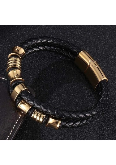 Düzensiz Desen Şekli Erkek Modası Paslanmaz Çelik Deri Bileklik Yakışıklı Erkekler İçin Klasik Doğum Günü Hediyesi Siyah