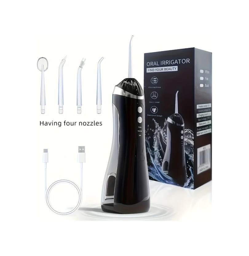 Gateesat Siyah Şarj Edilebilir Kablosuz Diş İpi 3 Mod 4 Nozul 360 Döner Başlık Usb Diş Temizleyici