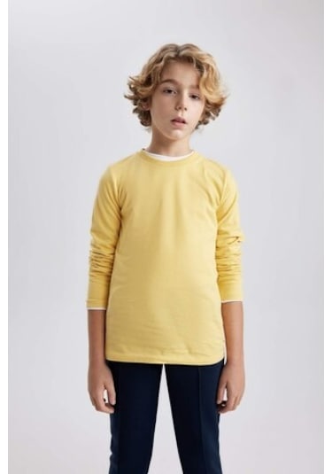 DeFacto Erkek Çocuk Bisiklet Yaka Basic Düz Uzun Kollu Tişört B7771A8NSYL275 Sarı