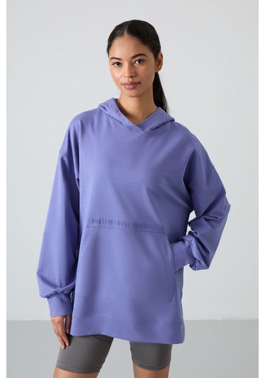 Tommy Life Eflatun Balon Kol Yazı Nakışlı Kadın Oversize Tunik Sweatshirt - 97163 Eflatun