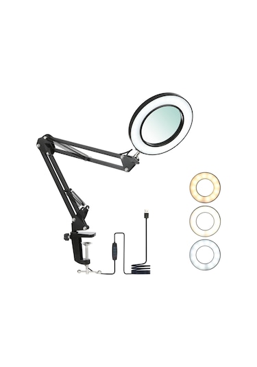 Tomshine Siyah Tomshine Esnek Kelepçeli Masa Lambası, 8x Büyüteçli