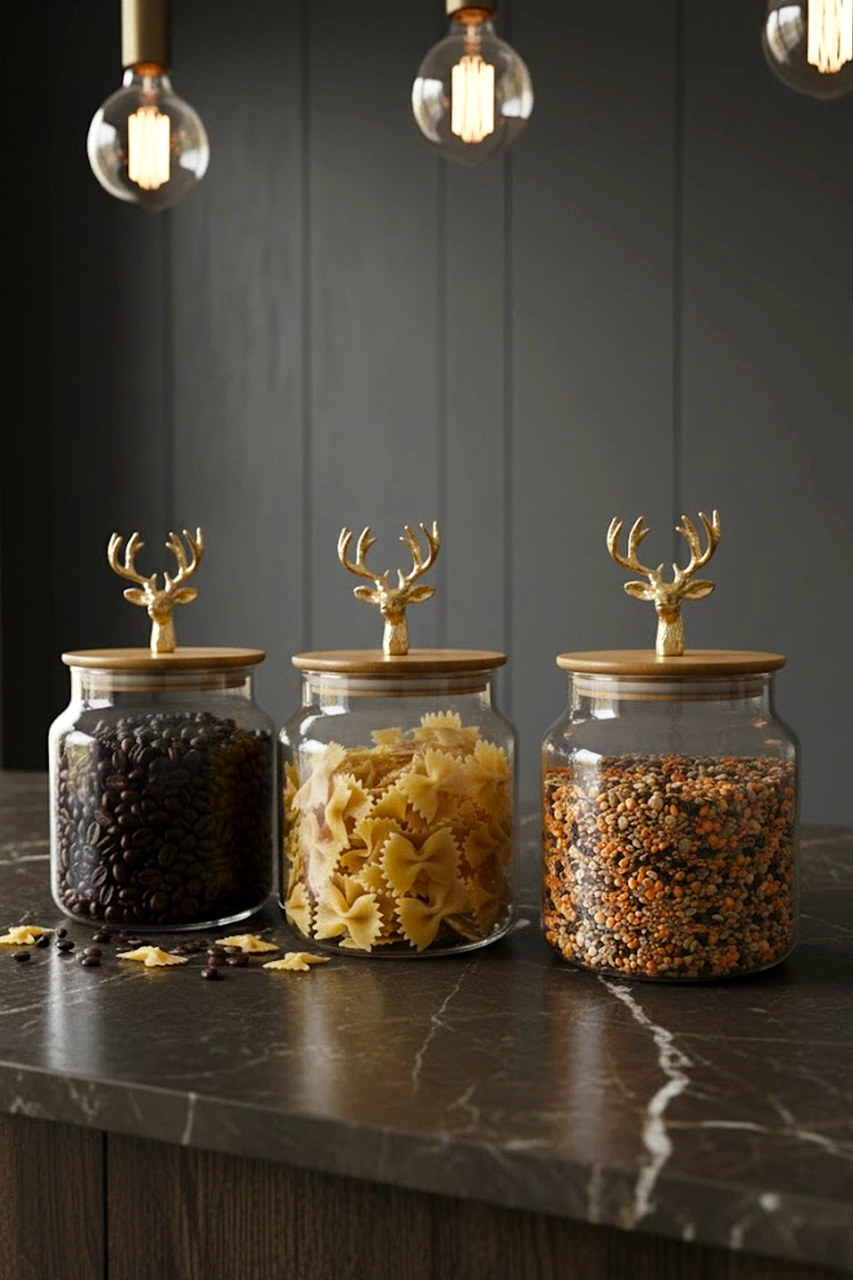 3 Lü Bambu Kapaklı Metal Geyik Figürlü Cam Kavanoz Seti - Saklama Kabı 635cc Şeffaf