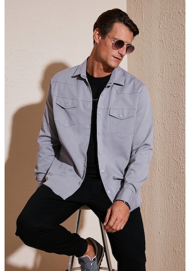 Buratti Pamuklu Regular Fit Çift Cepli Erkek Gömlek Cf24W116927 Gri