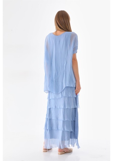 İtalyan 2 Beden İnce Gösteren Yarım Kol Kat Kat Ipek Elbise İndigo Mavi İndigo - Mavi