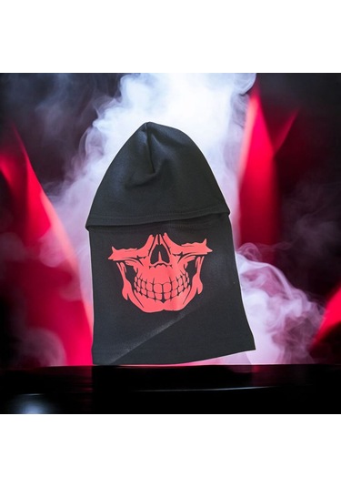 Termal Kırmızı Kurukafa Baskılı Kar Maskesi Siyah Kırmızı