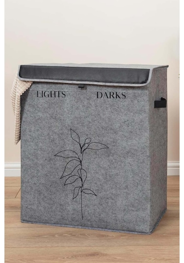 Deri Detaylı 2 Gözlü Çamaşır Sepeti, 53 X 33 X 60 Cm, 105 Litre Gri