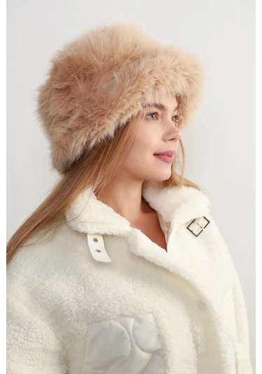 Kadın Kürklü Bucket Kalpak Şapka Rkş-15 Camel Camel