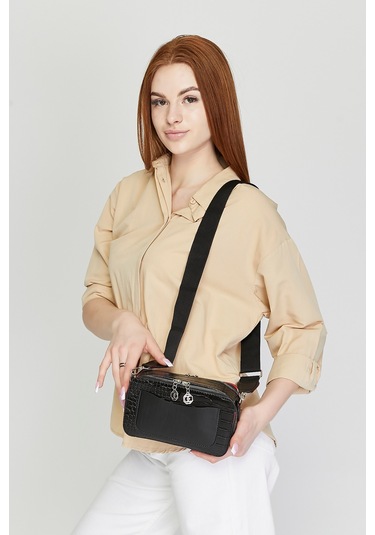 Morpelikan Siyah Kroko İki Bölmeli Kadın Omuz Çantası Siyah