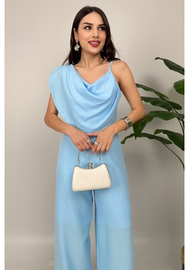 Élan Kadın Drapeli Detaylı Mavi Tulum Dokulu Kumaş Şıklığı Mavi