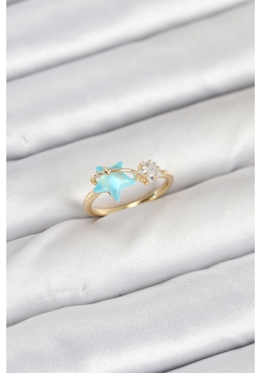 Pirinç Gold Renk Mavi Yıldızlı Model Kadın Yüzük Beyaz