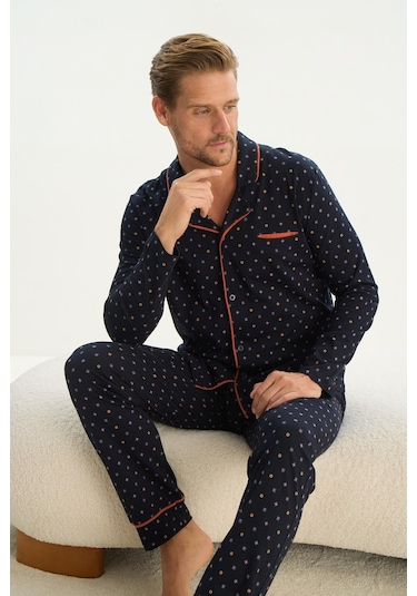 Erkek Uzun Kol Gömlek Yaka Önden Düğmeli Lacivert Pijama Takım C4t1n4o9 001