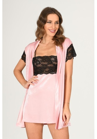 Sistina Bayan Dantelli Pudra Kadife Sabahlık Gecelik Takım 1430 Pudra