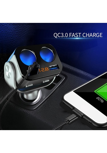 12v Araç Şarj Çakmak Soket Splitter Hızlı Şarj Çift Usb Gerilim Göstergesi Evrensel Araç Adaptörü-siyah