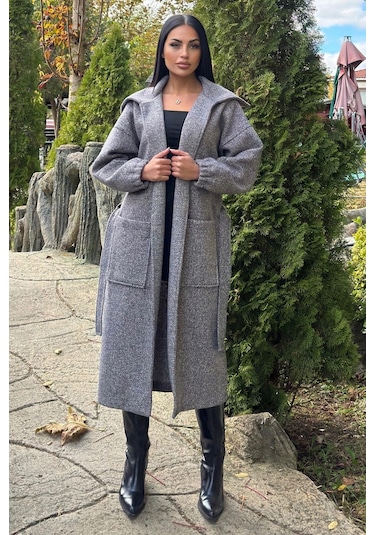 Antrasit Cepli, Balon Kol, Kemerli, Kalın Örgü Triko, Uzun Kaban Antrasit