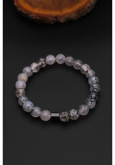 Beyaz Akik Bileklik Kadın Erkek Doğal Taş Bileklik Bt051 Beyaz - Siyah