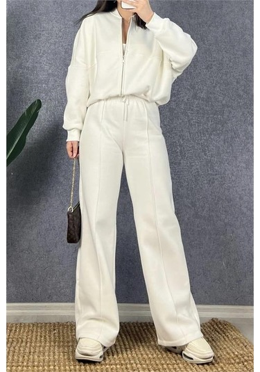 Neşeli Butik Kadın Fermuarlı 3 İplik Eşofman Takımı Nb0018 - Ekru Ekru