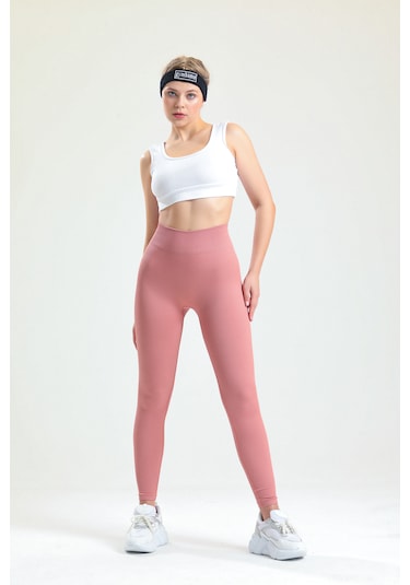 Gymhams Pudra Kalçası Büzgülü Premium Fitilli Ekstra Push Up Yüksek Bel Esnek Spor Tayt Pembe