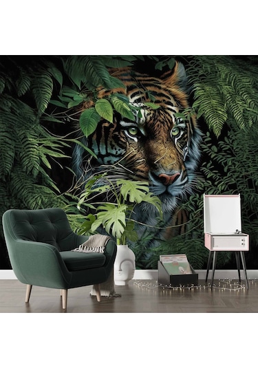 Kaplan Ve Yaprak Temalı Duvar Kağıdı Baskı