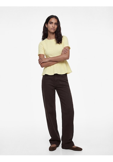 Koton Slim Fit Bisiklet Yaka Kısa Kollu Dokulu Peplum Bluz Sarı 6sak70020uk Sarı