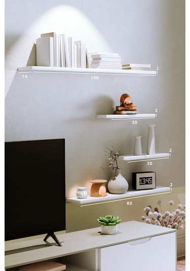 Yankı-BYEG 4lü 100 cm 80 cm 30 cm Mat Beyaz Mdf Duvar Rafı Tv Ünitesi