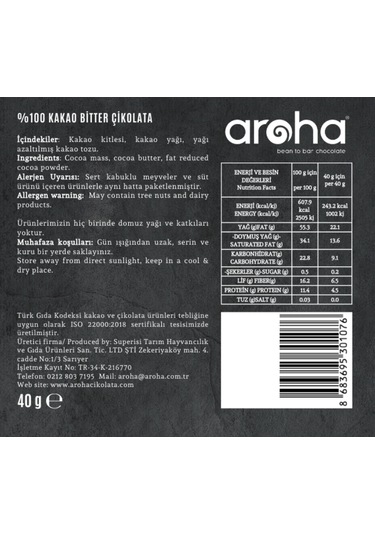 Aroha Şekersiz %100 Kakao Bitter Çikolata 40gr-3261